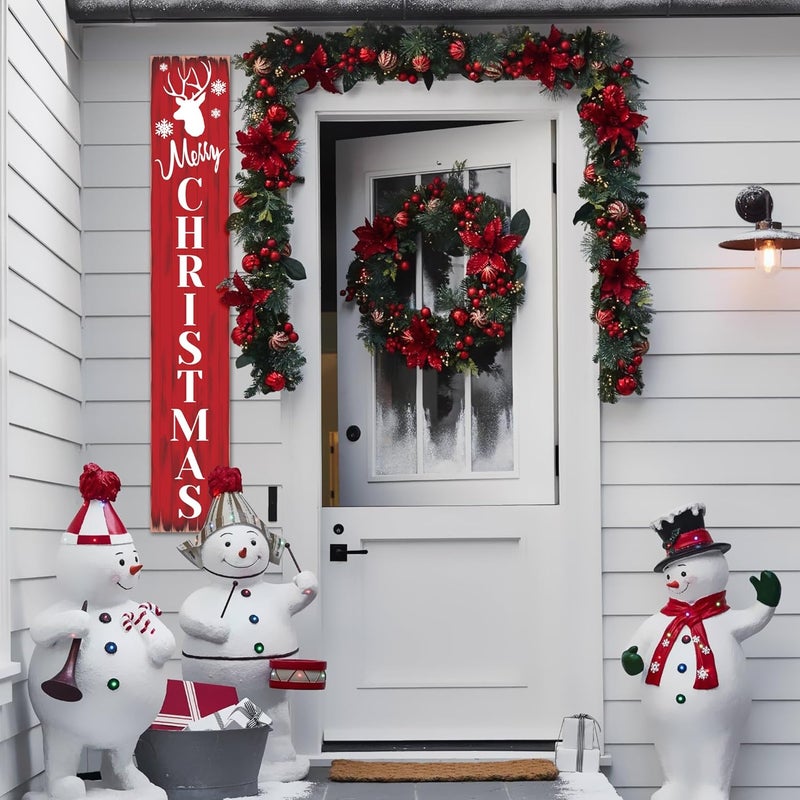 PEROUU Merry Christmas Welcome Sign for Front Porch Standing, Snowflake Elk Wooden Porch Sign for Xmas Front Door Decorations, Rustic Farmhouse Red Hanging Signs Wall Sign for Christmas Decor 47.2"H - Image 4